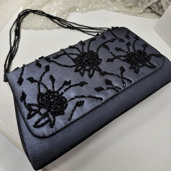 Black Beaded Evening Handbag Purse Floral Pattern - Picture 8 of 8